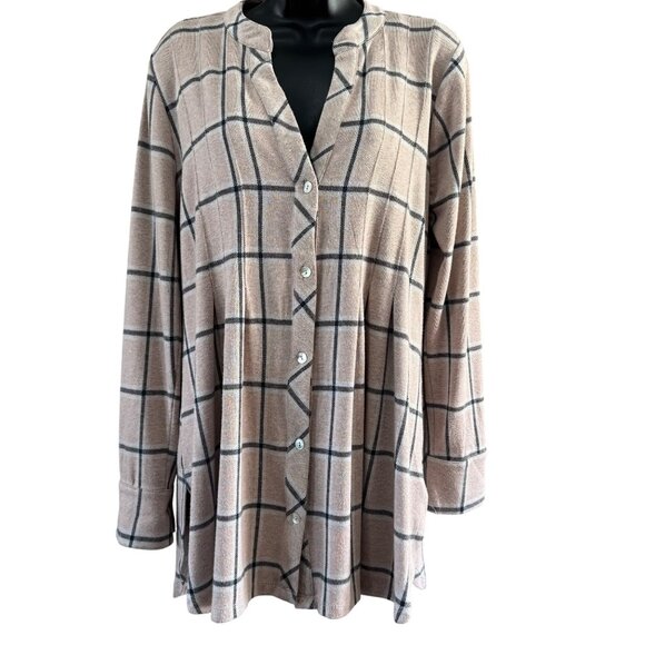Soft Surroundings Top M Pink Gray Plaid Button-Front Long-Sleeve Tunic - Picture 1 of 7